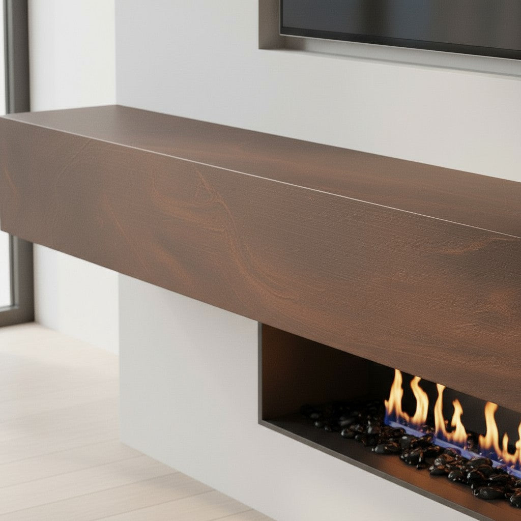 Custom Metal Floating Mantel Shelf: Non-Combustible, Wood Grain Walnut, Any Size