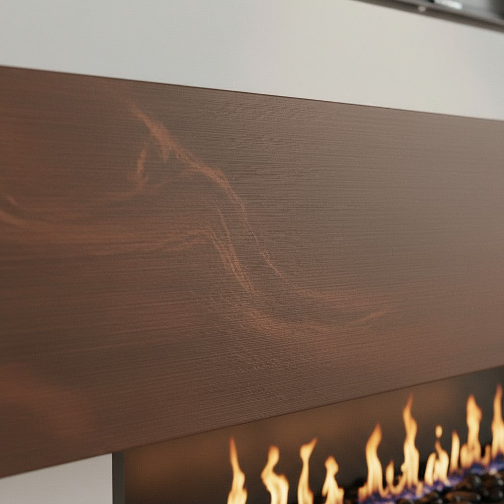 Custom Metal Floating Mantel Shelf: Non-Combustible, Wood Grain Walnut, Any Size