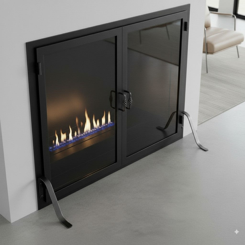 Legend Freestanding Glass Fireplace Screen with Operable Doors – Custom Size & 21 Finishes