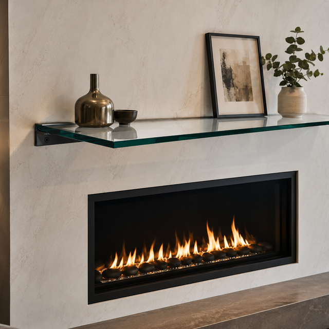 Custom Glass mantel shelves — Glass Floating Mantel Shelves, Custom Width, Non-Combustible by Des...
