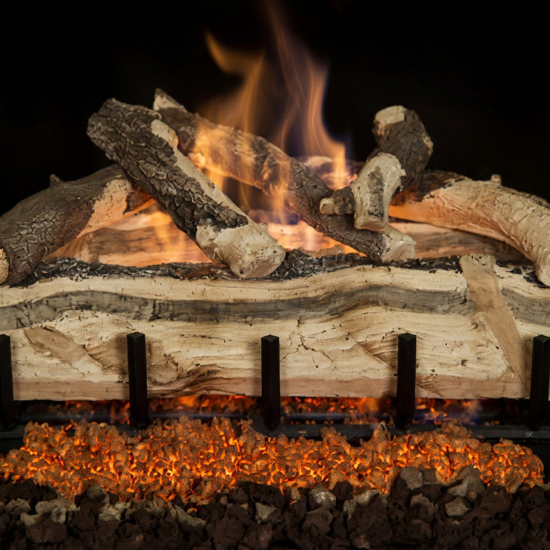 24-inch Blue Pine Split Outdoor Gas Log Set with realistic beetle-pattern grain for outdoor fireplaces