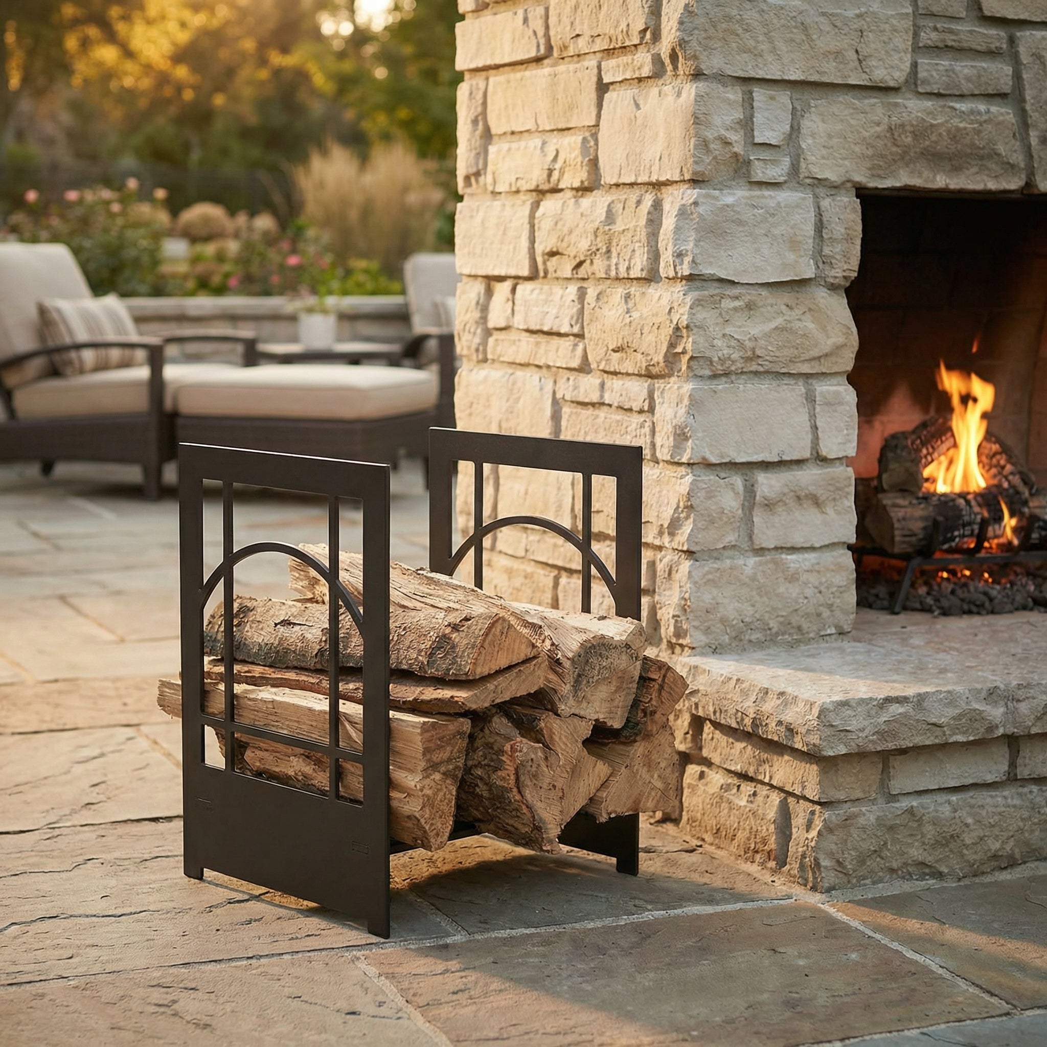 Design Specialties Log Holder Sunrise – 3/16” Laser-Cut Steel Firewood Rack – 21 Custom Finish Options – Made in USA