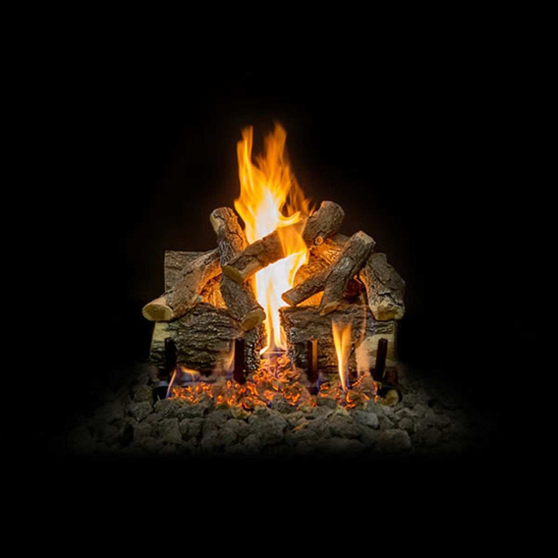 Grand Canyon AZ Weathered Oak Charred outdoor gas log set with realistic burned oak logs and stainless steel burner options