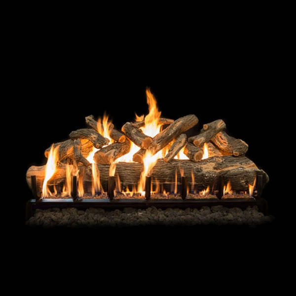 Grand Canyon Jumbo Weathered Oak see-through vented gas log set with hand-painted large oak logs and jumbo burner system