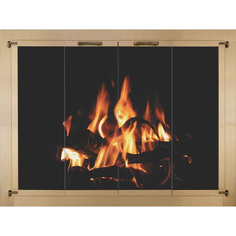 Heritage masonry steel fireplace with traditional glass doors and rectangle frame style