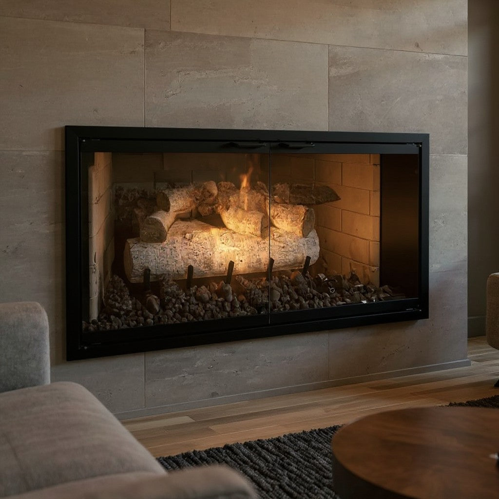 Rainbow Fireplace Glass Doors with aluminum frame and tempered safety glass installed in modern living room fireplace