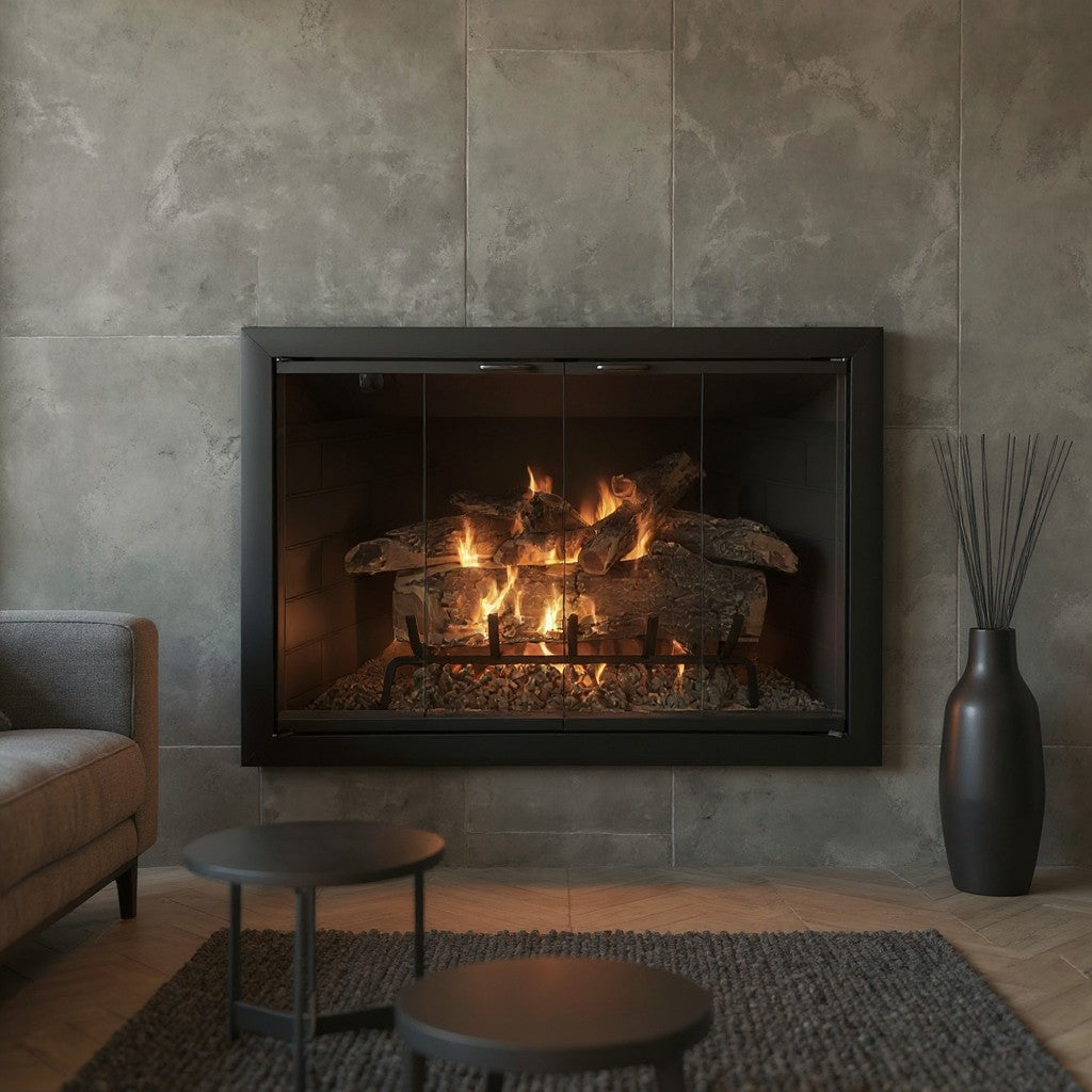 Brookfield Masonry & Prefab Fireplace Glass Doors with full-vision glass and classic 2 1/8" frame showcasing a cozy fire in a modern hearth setting