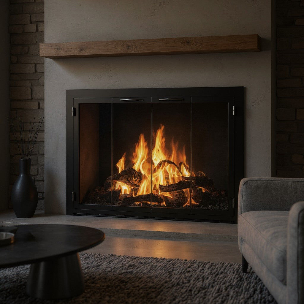 Modern Masonry & Prefab Steel Fireplace Glass Doors with burning fire inside in cozy living room setting