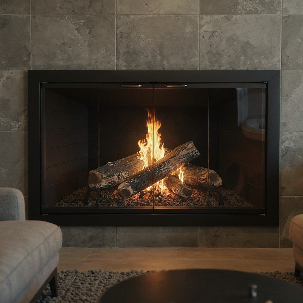 Brookfield Masonry & Prefab Fireplace Glass Doors with full-vision glass and classic black frame enclosing a burning wood fire