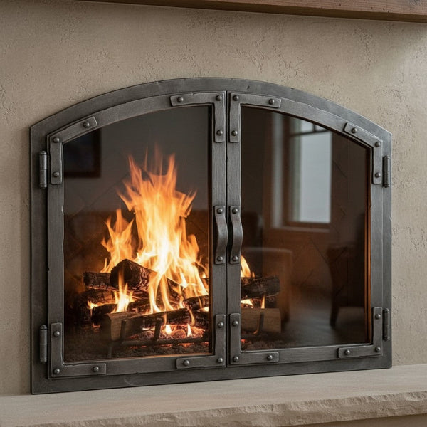 Old World - Arch Masonry distressed steel fireplace glass doors with customizable 7ga steel frame