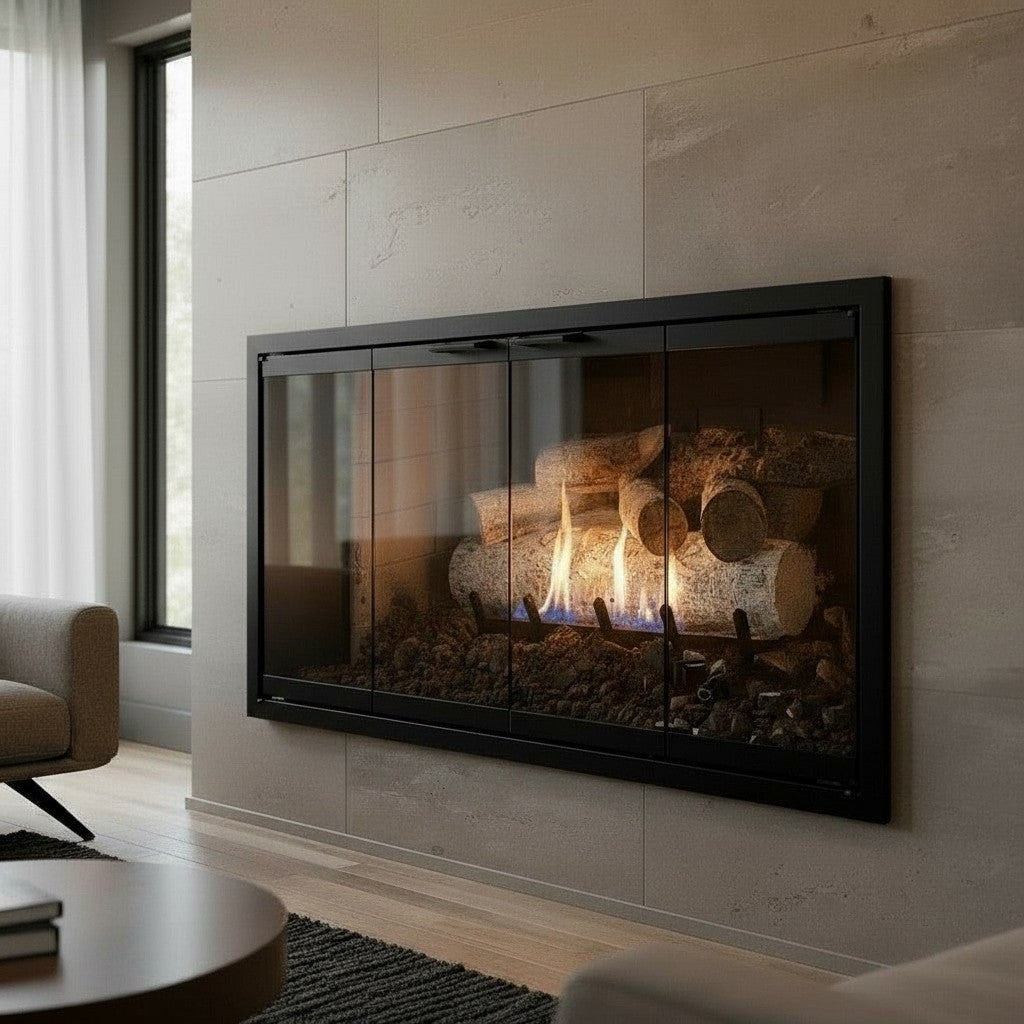 #7075 - Remake / Opening 34 11/16" x 23 1/16" / 4 Sided Overlap / Textured Black / Bronze Glass / Bi-Fold