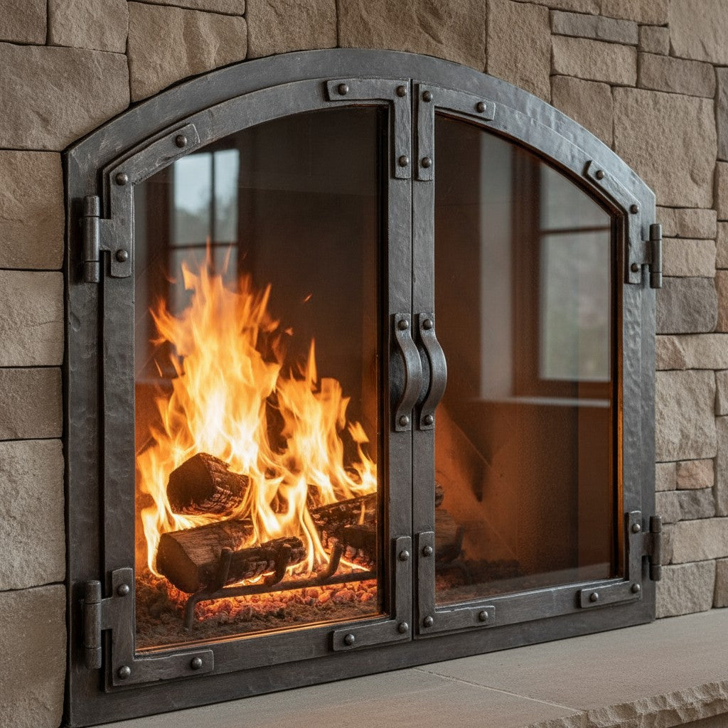 Old World - Arch Masonry Distressed Steel Fireplace Glass Doors