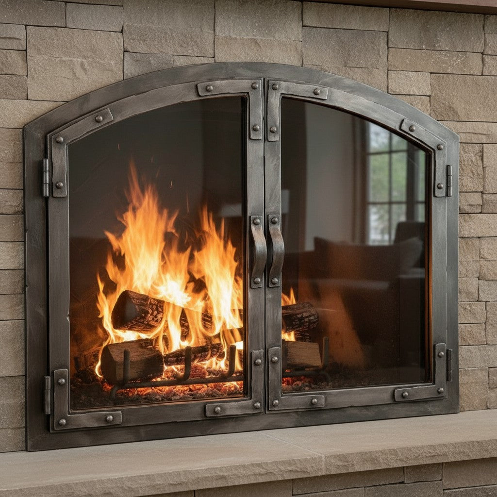 Old World - Arch Masonry Distressed Steel Fireplace Glass Doors