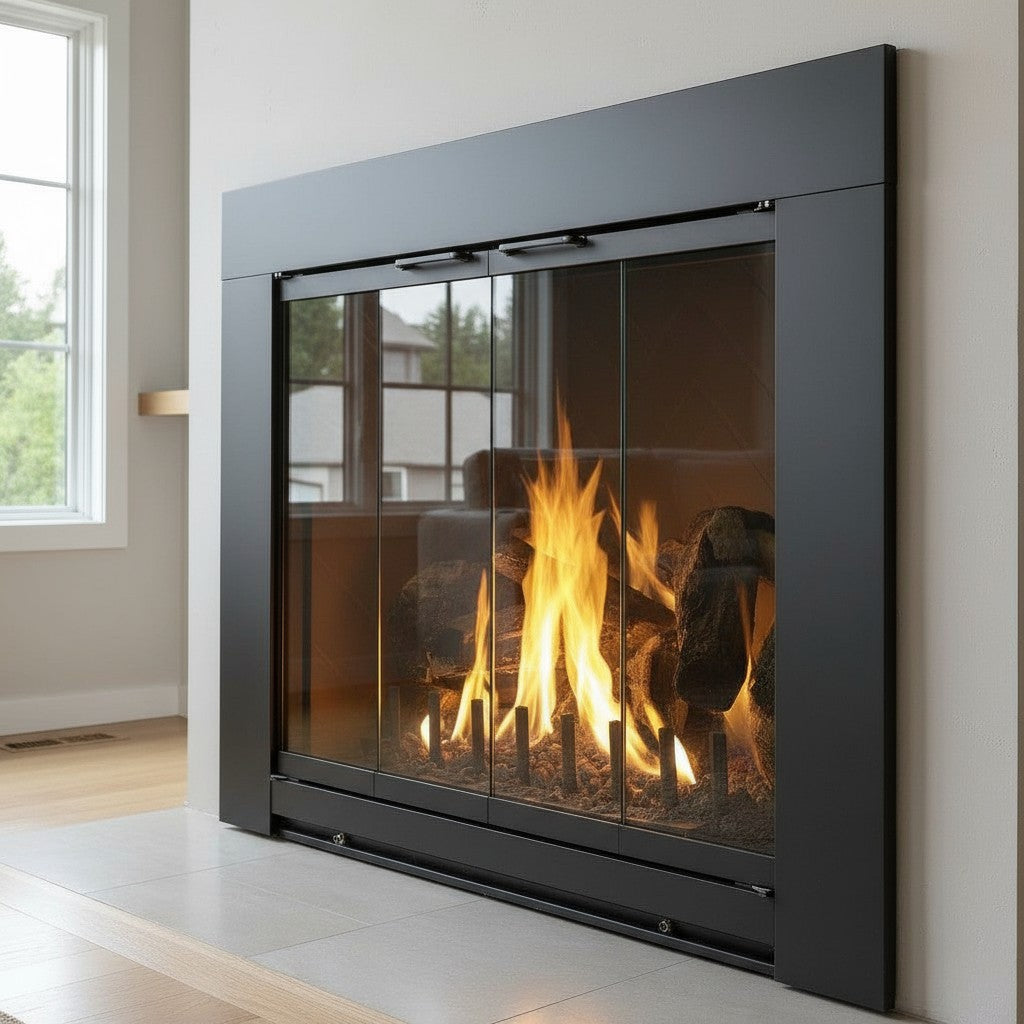 Grande Flat Black Masonry Fireplace Door | Standard Sizes