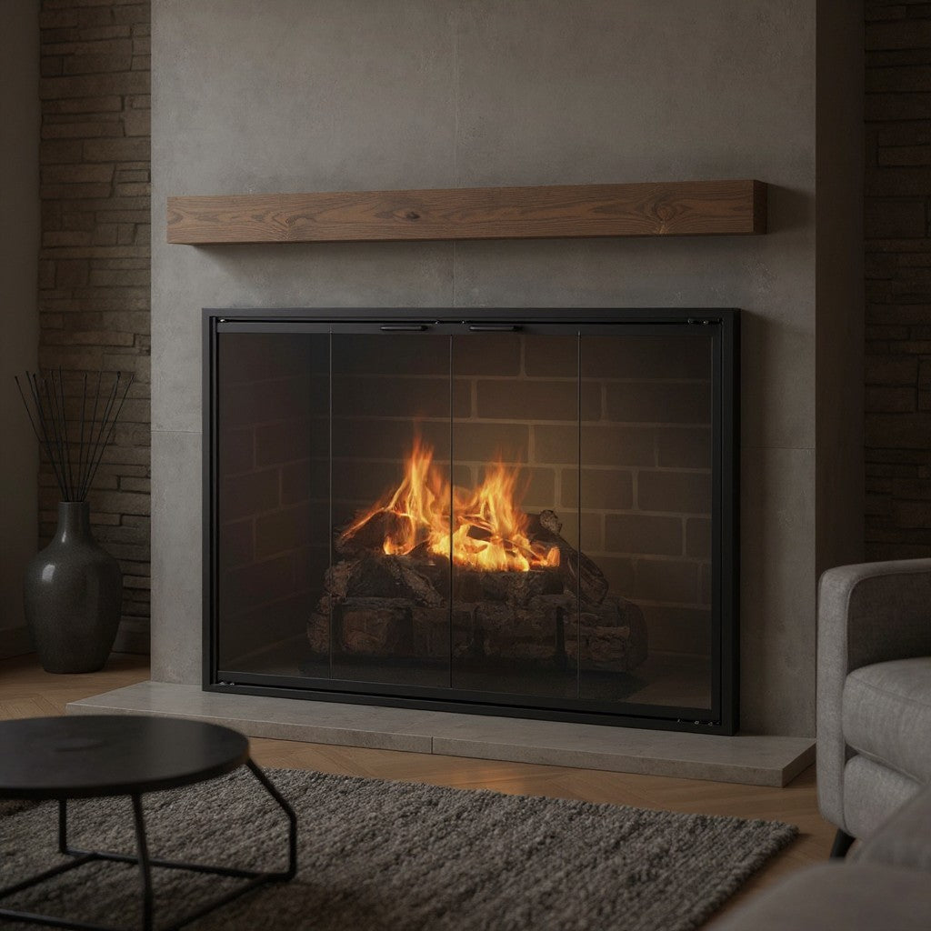 Modern Stiletto Fireplace Doors with glass panels installed on a masonry fireplace showing burning logs and fire.