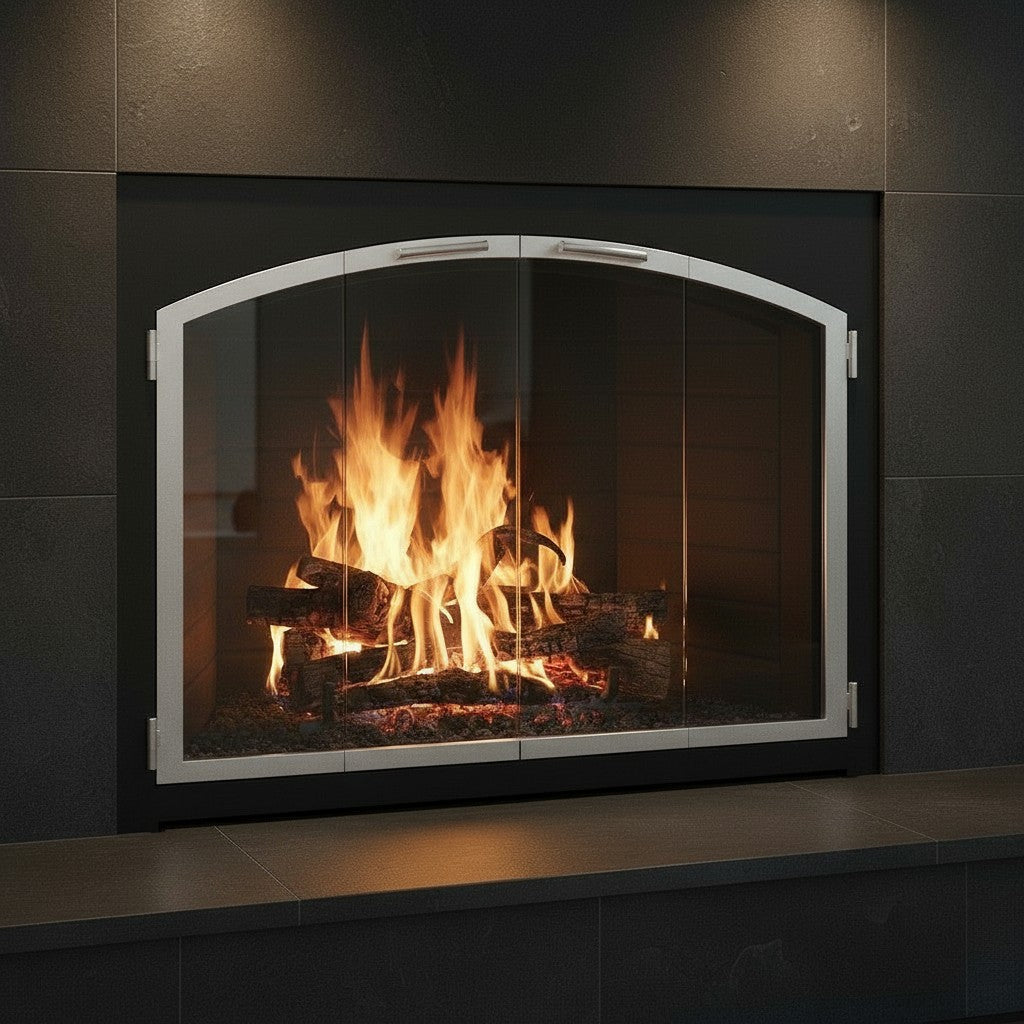 Laguna Arch Pane masonry and prefab fireplace glass doors with customized frame and overlap options, made in USA