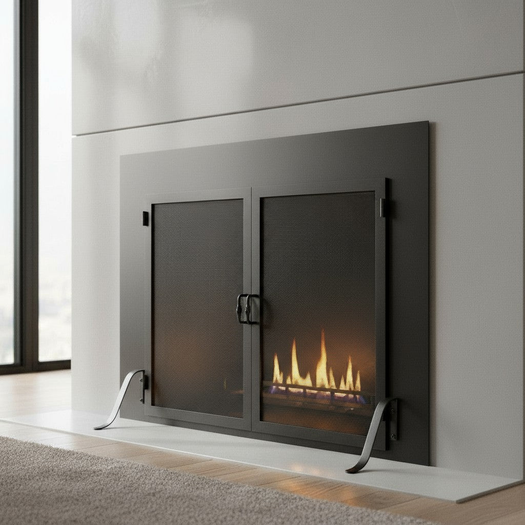 Legend Fireplace Screen / Overall Dimensions 47"W x 32 1/2"H / Opening Dimensions 32"W x 25"H / Rustic Black(flat) / Classic Handle
