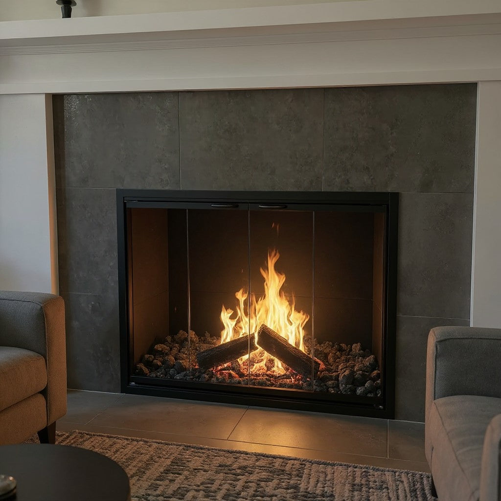 Cabot steel masonry fireplace glass doors with 1-inch aluminum frame and tempered safety glass installed on a modern masonry fireplace with burning firewood