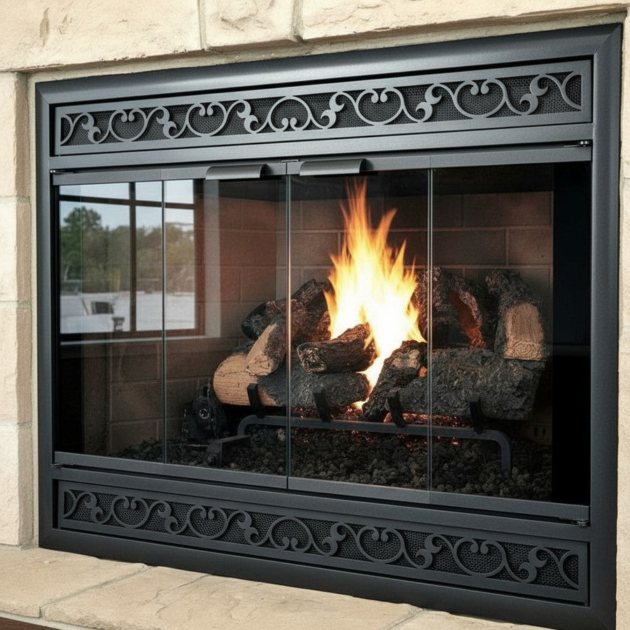 Brookfield Deluxe – Magnetic Prefab Fireplace Glass Doors with Overlay Vent Cover Design