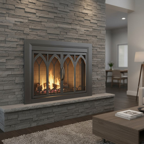 Colt Gun Metal Masonry Fireplace Door with durable steel frame and smoked tempered glass in hammered black finish