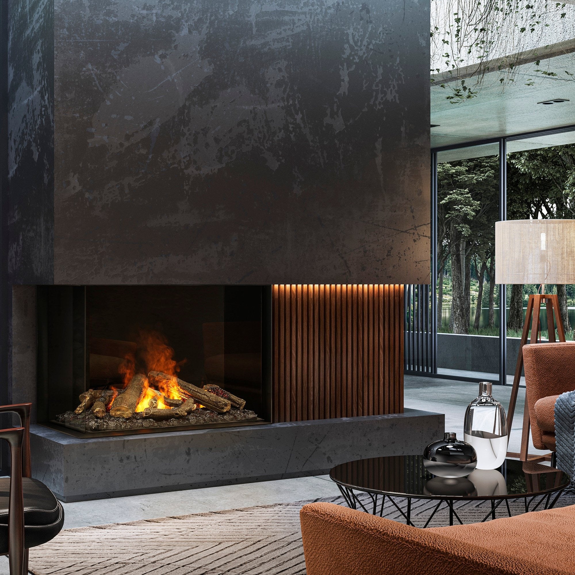 e-MatriX 32"x26" Electric Firebox – Left-Facing Two-Sided Built-In Fireplace | Water Vapor Flame, Charred Logs, Crackling Sound - FEF3226L2L