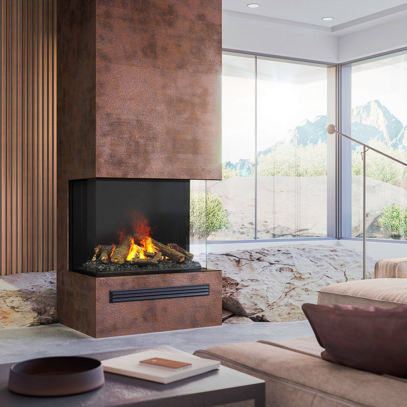 e-MatriX 32"x26" Electric Firebox three-sided bay firebox with realistic water vapor flames and charred log set