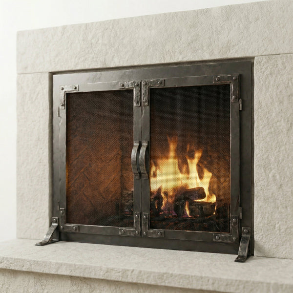 Custom steel fireplace screen with operable doors and heavy gauge mesh, old world style, made in USA