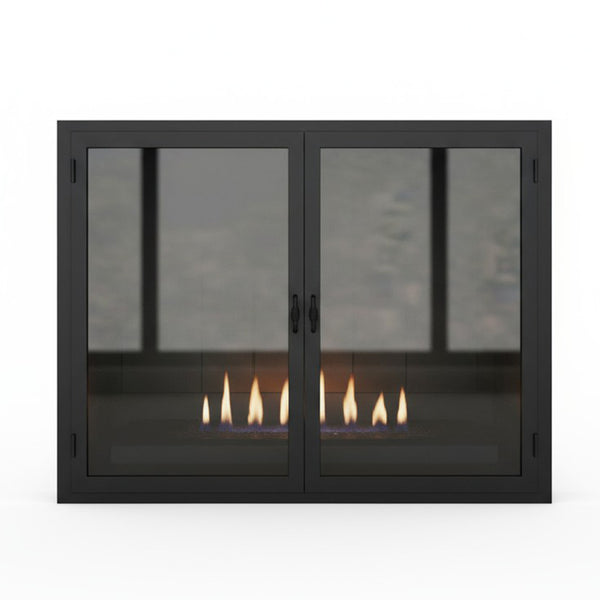 Custom Legend Masonry // 57 W x 28 H // Flush Hearth // Overlap // Brite Black // classic handle // clear glass // twin gate mesh // bifold  // ADD tight fitting seal