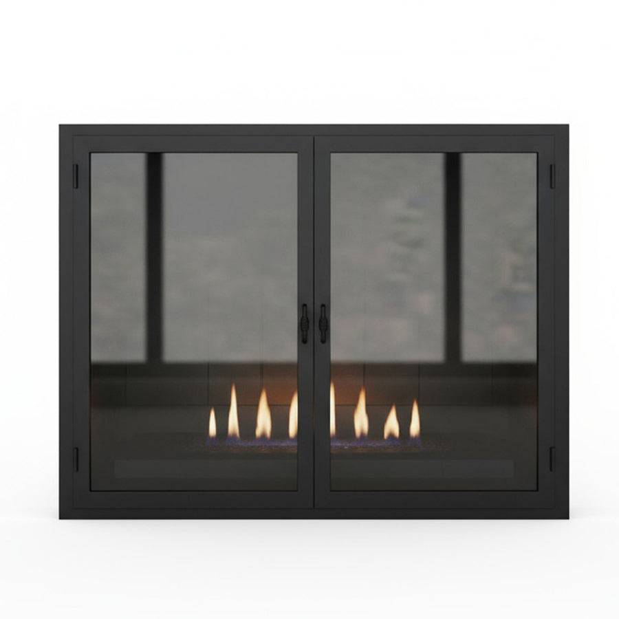 Custom Legend // 57 W x 28 H // Flush Hearth // Overlap // Brite Black // classic handle // clear glass // twin gate mesh // bifold  // ADD tight fitting seal