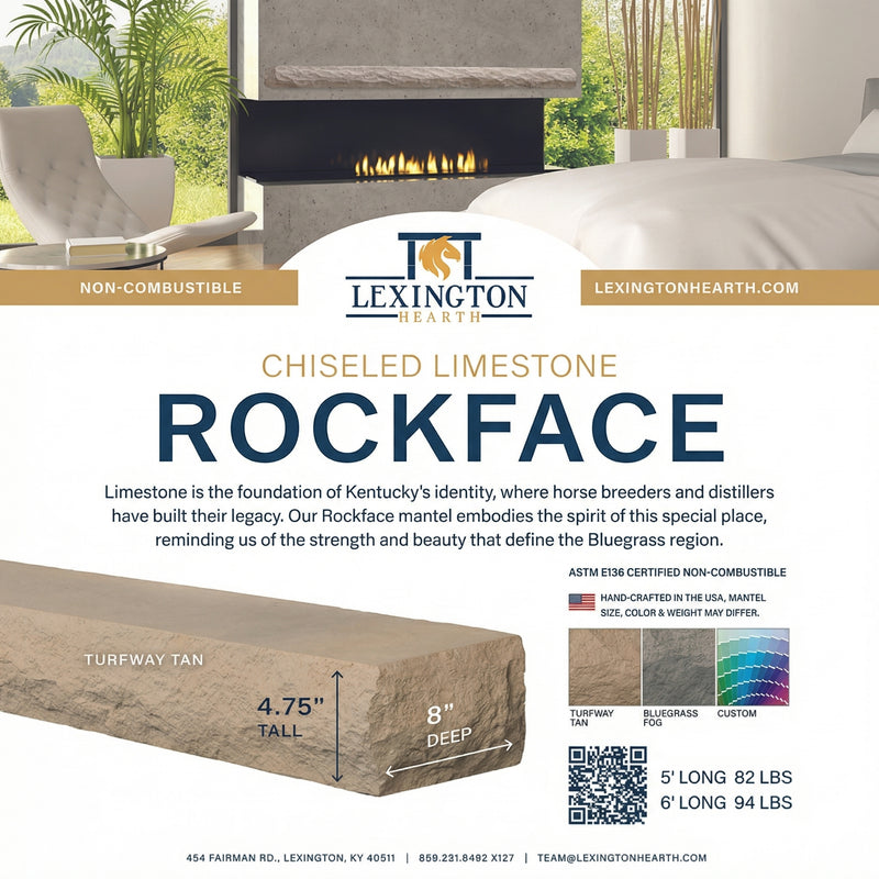 Rockface Stone Non-Combustible Concrete Mantel Shelf Bluegrass Fog Finish