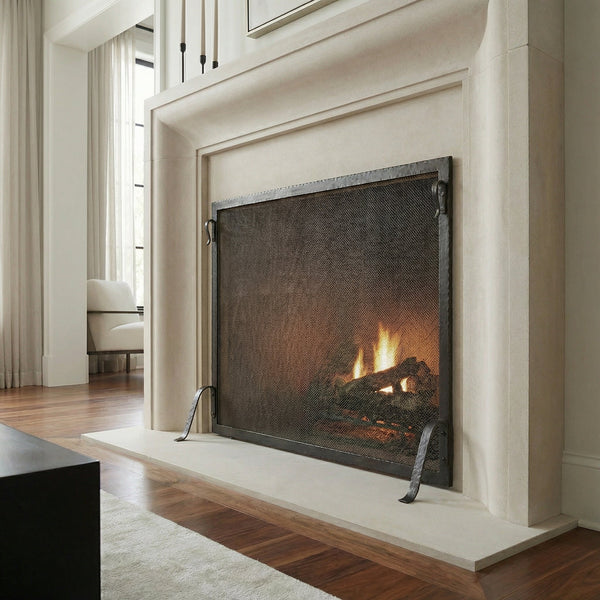 Custom made single panel fireplace screen with hammered edge and solid steel frame