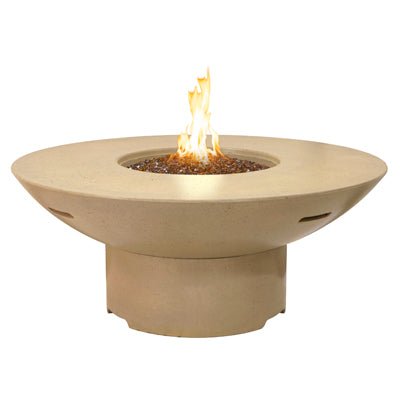 Lotus firetable with cylindrical base, bowl-shaped top, and central flame in Cafe Blanco finish