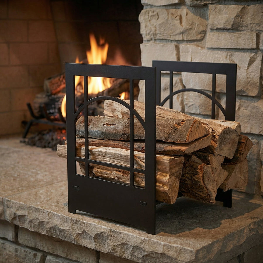 Design Specialties Log Holder Sunrise – 3/16” Laser-Cut Steel Firewood Rack – 21 Custom Finish Options – Made in USA