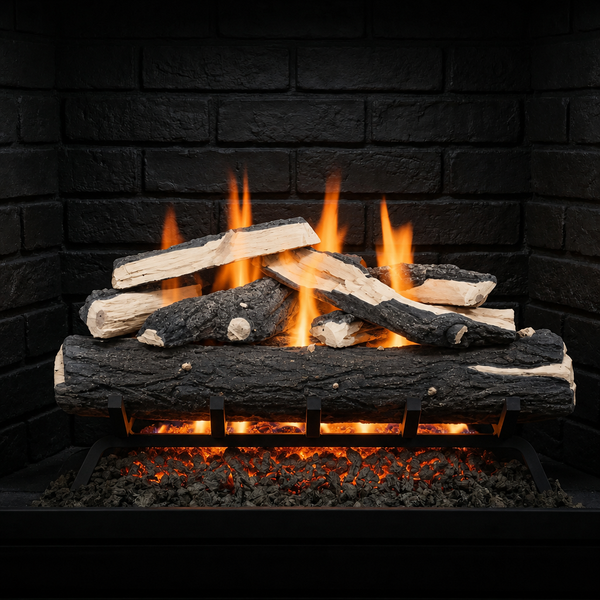 Split Oak 36 inch vented ceramic gas log set in fireplace