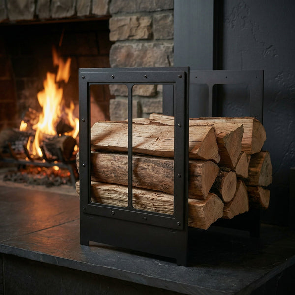 Design Specialties Log Holder black laser-cut steel firewood rack with arched sides and custom finish options