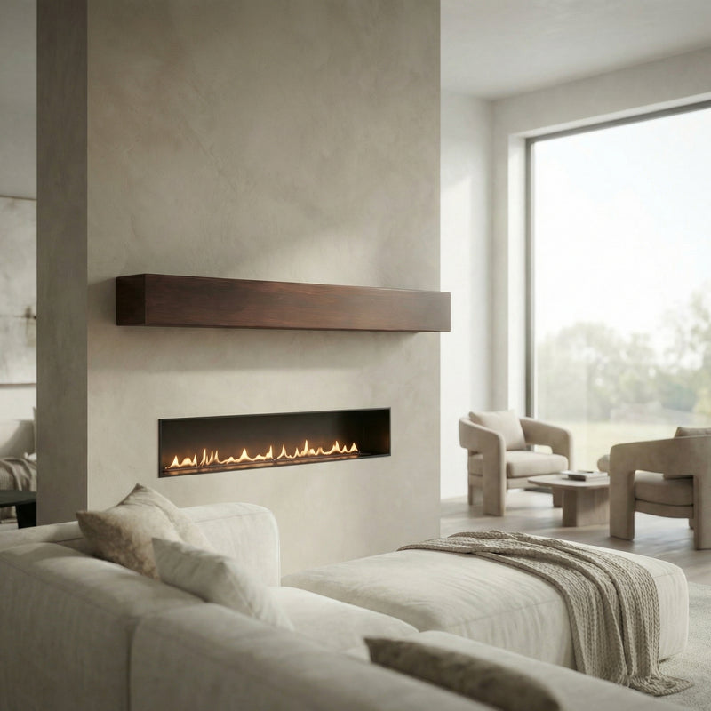 Custom Metal Floating Mantel Shelf: Non-Combustible, Wood Grain Walnut, Any Size