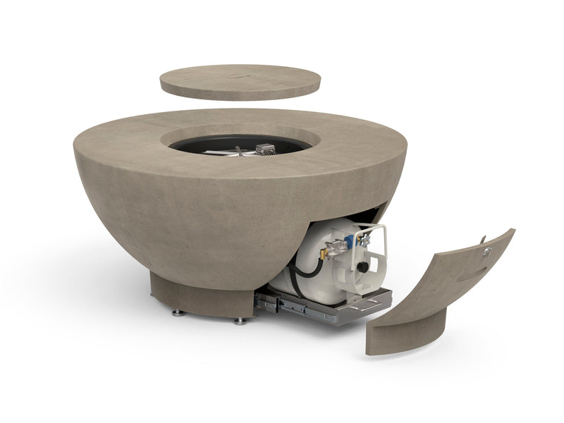 American Fyre Designs 48 Inch Chat Fire Bowl in Smoke — propane cylinder storage shown; cylinder sold separately