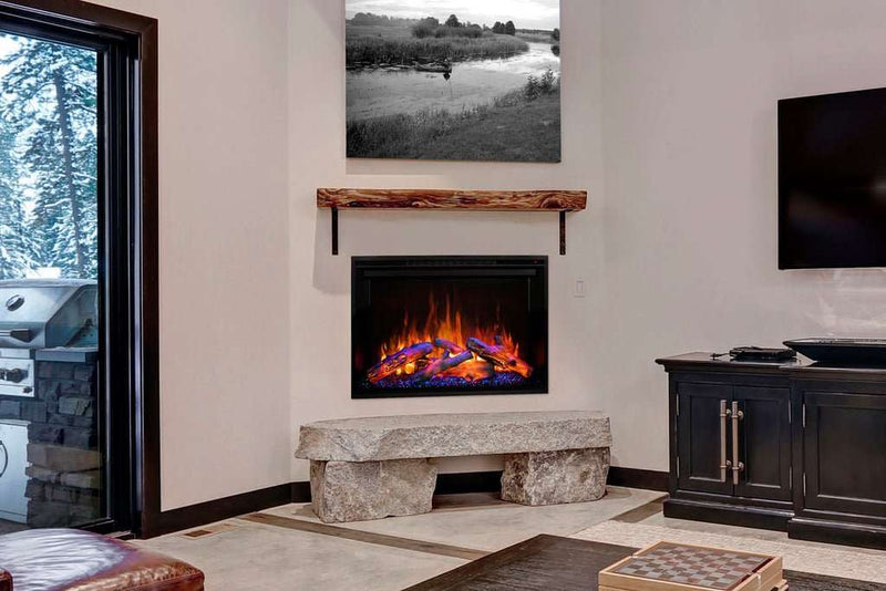Modern Flames Redstone 42-inch built-in electric firebox insert with Hybrid-FX flame technology, RGB LED lighting, driftwood logs, acrylic crystal media, and 5000 BTU heater for home or office use.