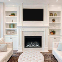 Modern Flames Sedona Pro Multi 36" three-sided electric firebox with customizable RGB flames and glowing driftwood logs