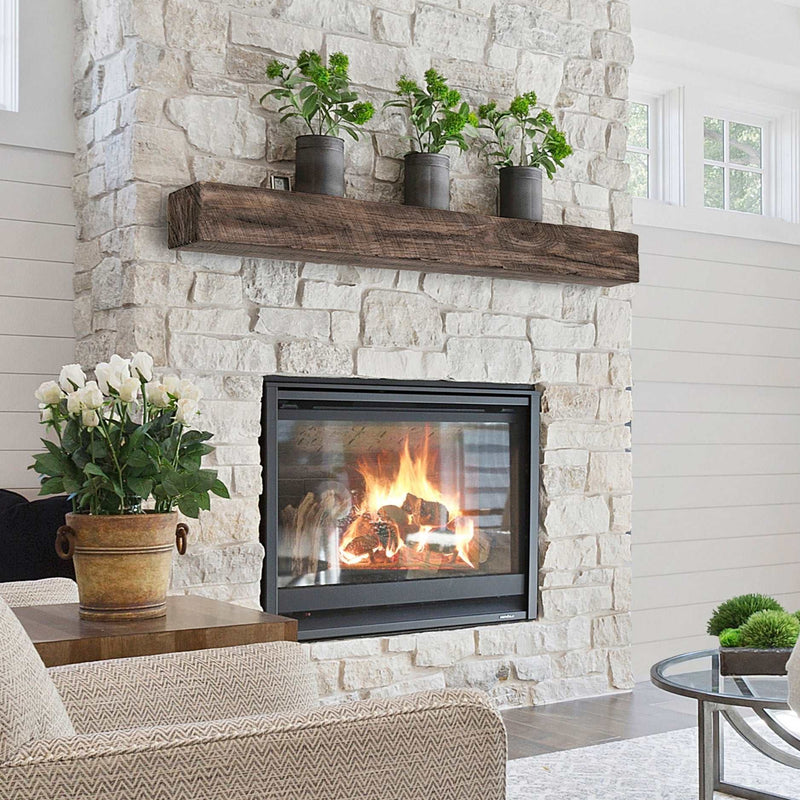 New River Weathered Beam Non-Combustible Mantel Shelf RIVER ROCK Finish - ExceptionalFire