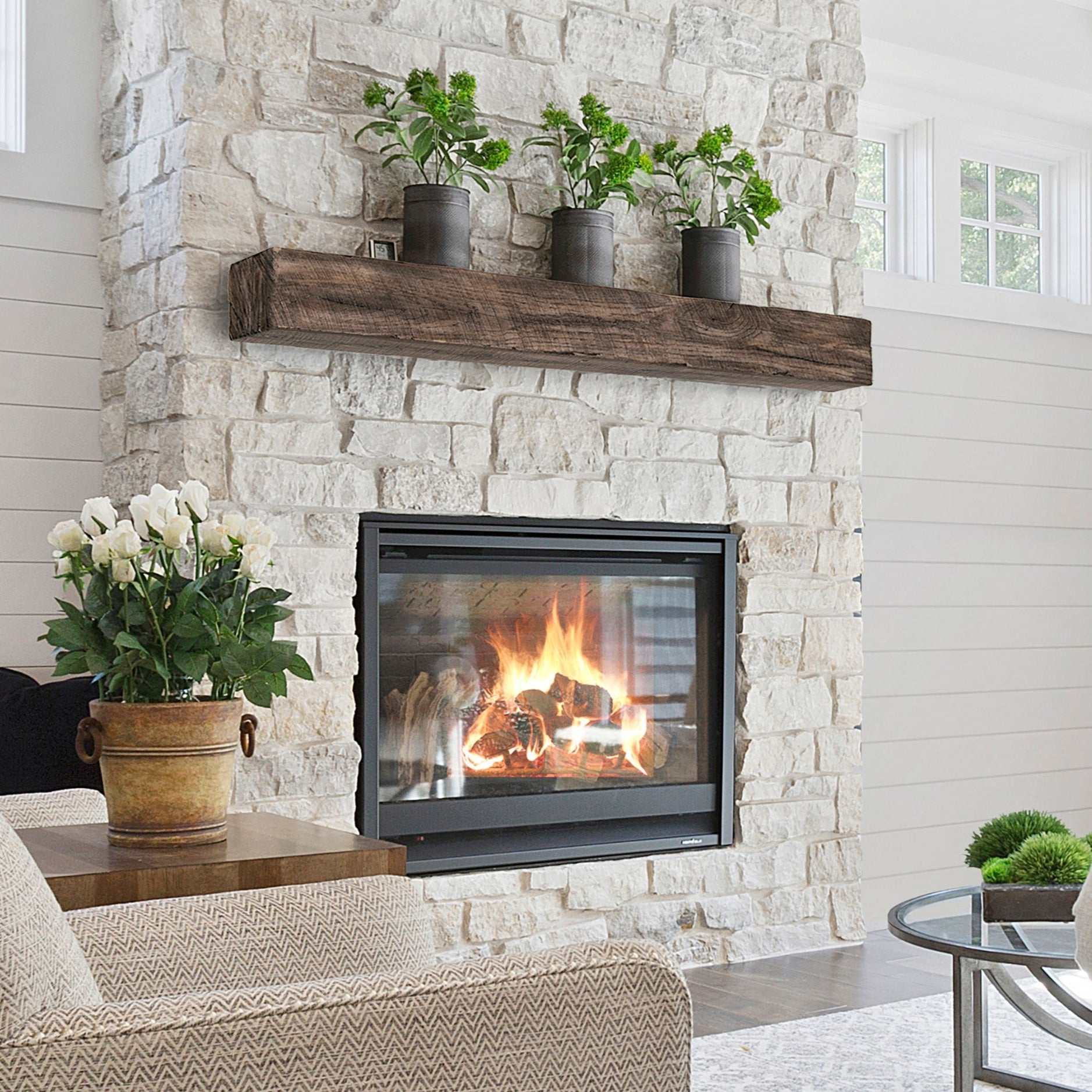 New River Weathered Beam Non-Combustible Mantel Shelf RIVER ROCK Finish - ExceptionalFire