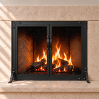Old World Slim fireplace screen with working doors in Matte Black — front — AI-assisted product visualization
