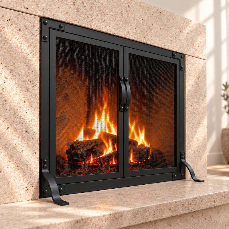 Old World Slim fireplace screen with working doors in Matte Black — left angle — AI-assisted product visualization