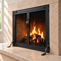 Old World Slim fireplace screen with working doors in Matte Black — right angle — AI-assisted product visualization