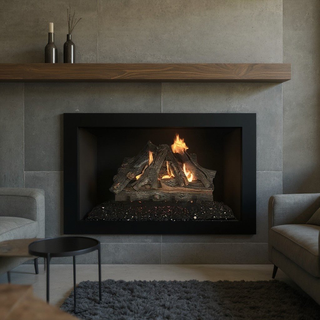 Modern single panel masonry fireplace glass door installed in a contemporary living room with gray tiled wall and wooden mantel.