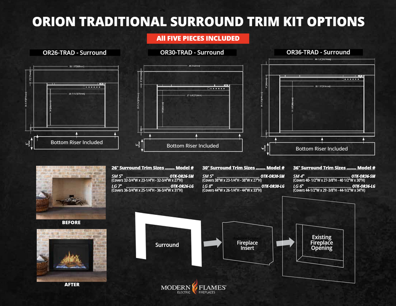 Modern Flames Orion Traditional Surround Trim Kit 5-piece steel firebox frame for 26-36 inch openings with bottom riser