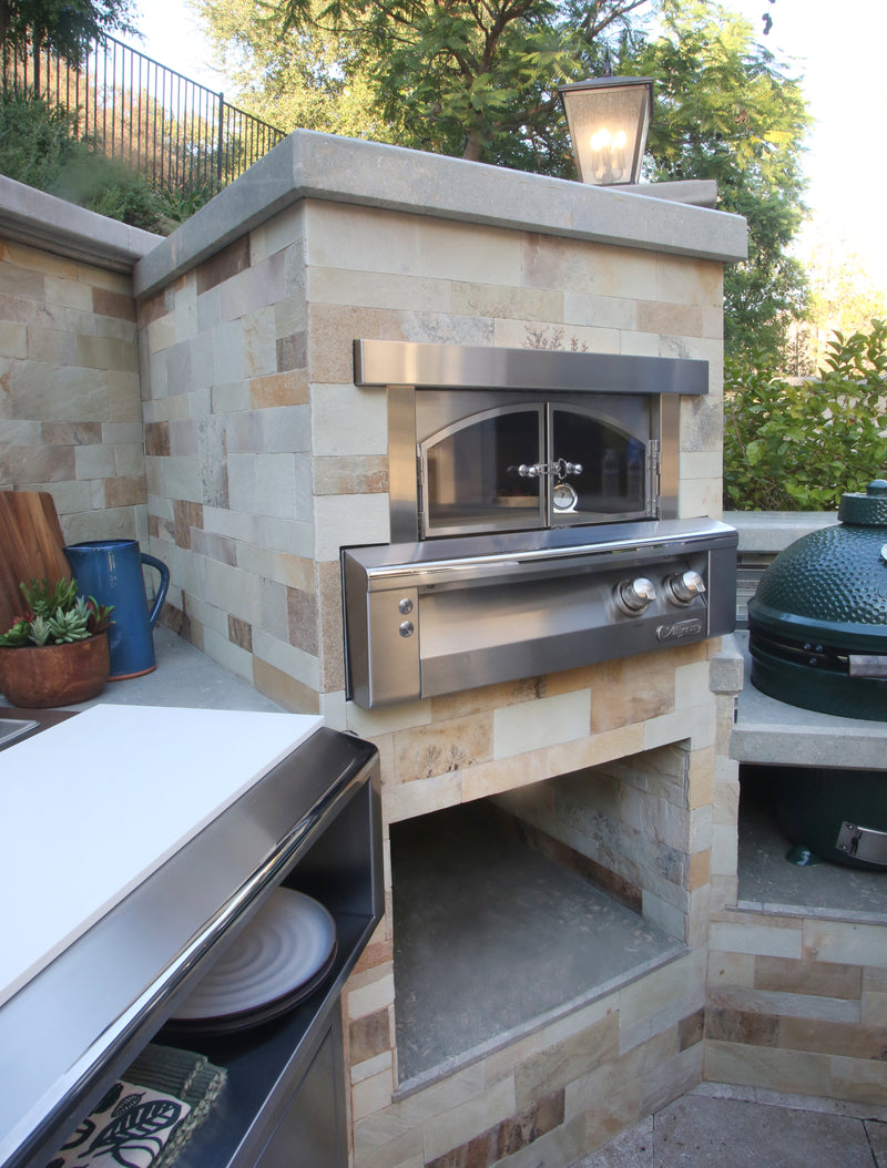 Built-in oven side-angle installation example; enclosure and surrounding appliances are not included