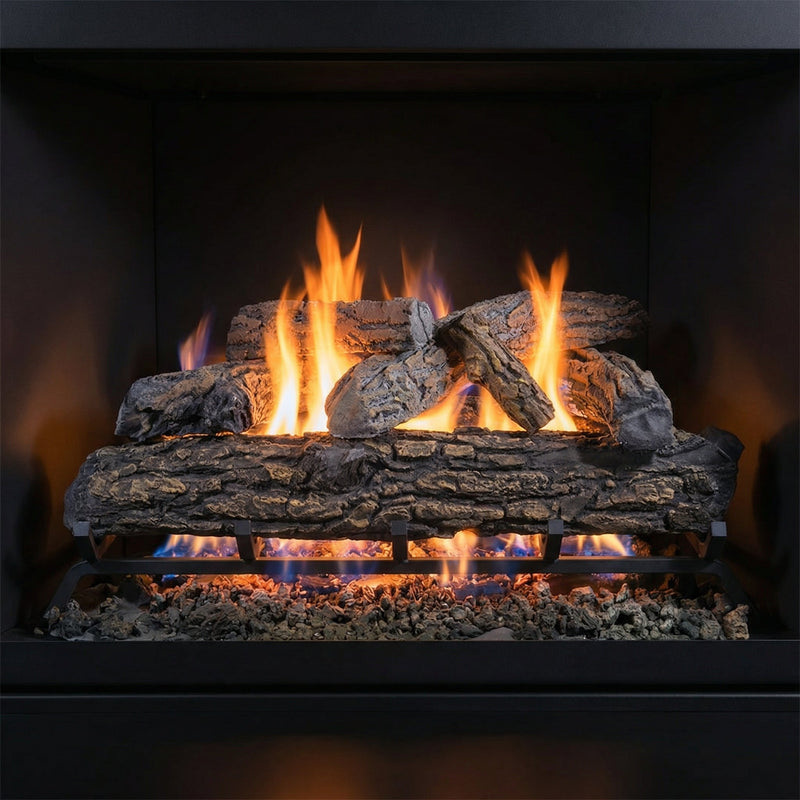 30" Country Oak Gas Log Set with realistic ceramic logs and glowing embers for single-sided fireplaces