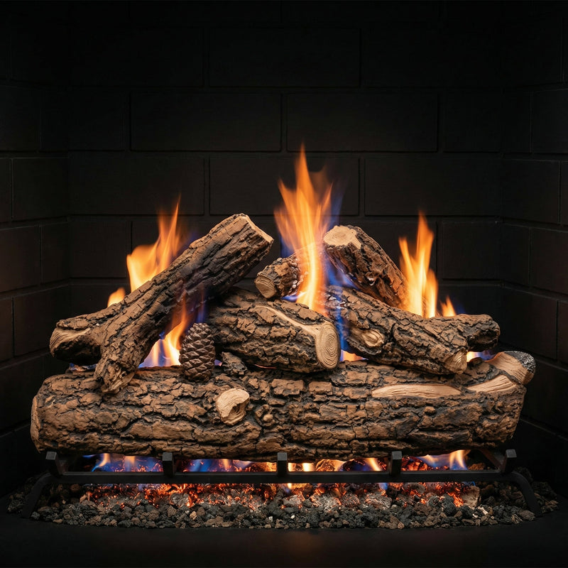 30" Country Oak Deluxe Gas Log Set with realistic ceramic logs and glowing embers for single-sided fireplaces