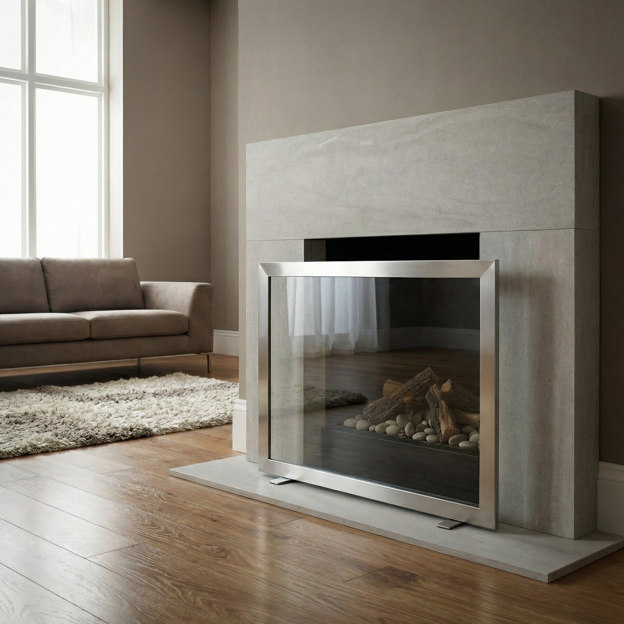 Custom Madison free standing fireplace screen with heavy gauge mesh and solid steel frame in brite nickel finish